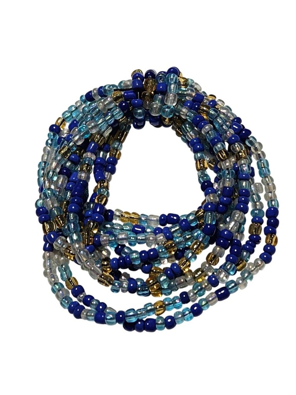 Boho Seed Bead Bracelet Blue Aqua Gold Tone Glass Beads Multistrand Coastal